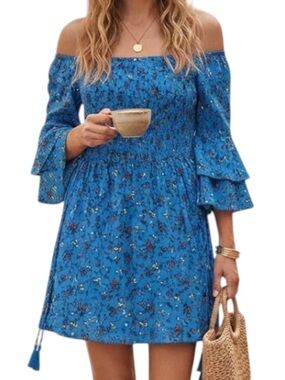 MATALAN Bohemian Y2K Ditsy Floral Bardot Mini Dress Smocked Boho Bell Sleeve M